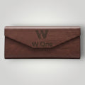 W One Brand Store brown wood grain glasses case with engraved logo and text.