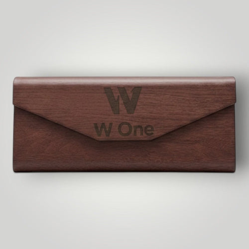 W One Brand Store brown wood grain glasses case with engraved logo and text.