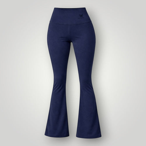 Calça flare W One Brand Store azul marinho em poliamida com cós largo e logo discreto, ideal para atividades físicas.