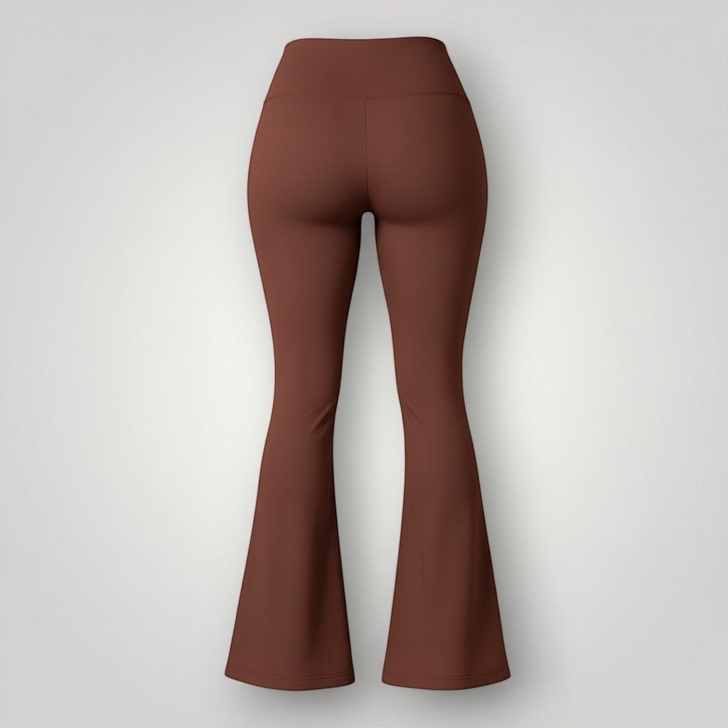 Calça flare W One Brand Store cor coffee em poliamida com cós largo, vista traseira, ideal para treinos e uso casual.
