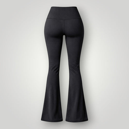 Calça flare preta W One Brand Store com cós largo em poliamida e elastano, vista traseira