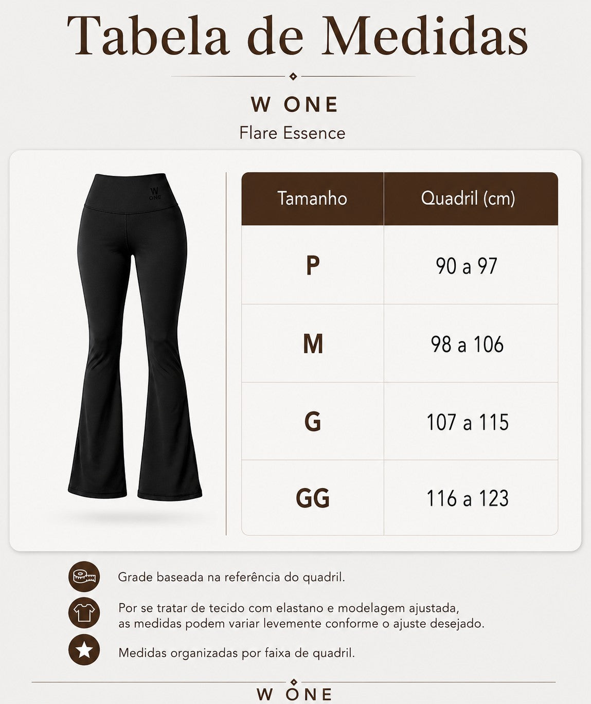 Tabela de medidas da calça flare Essence W One Brand Store com cós largo e modelagem ajustada em tecido preto