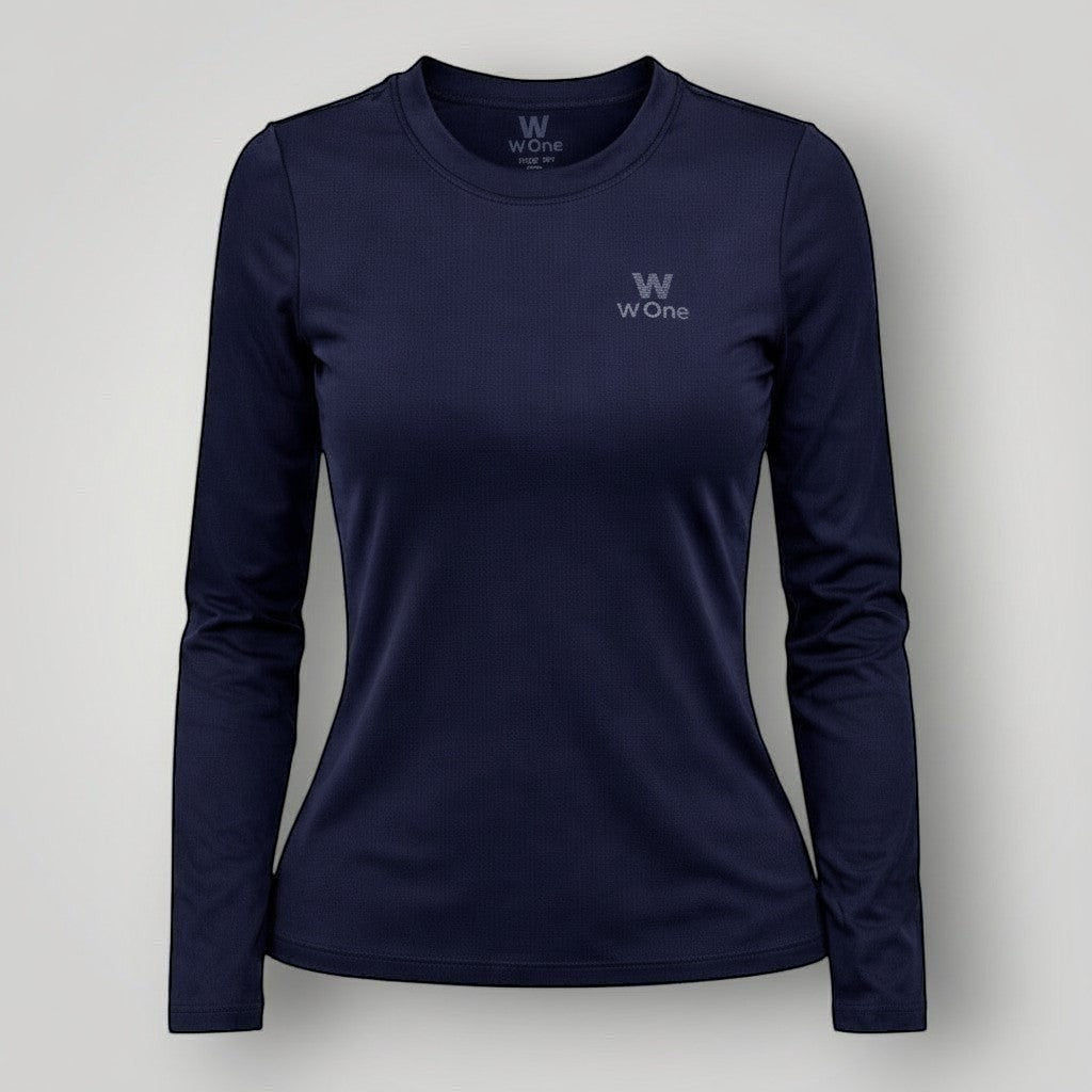 Camiseta feminina W One Brand Store manga longa azul marinho com tecido respirável e proteção solar FPU 50+