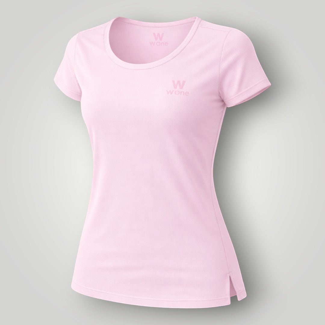 Camiseta feminina W One Brand Store Essence rosa balé de manga curta com tecido leve e proteção solar FPU 50+
