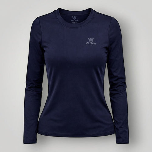Camiseta W One Brand Store feminina manga longa azul marinho em poliamida com proteção UV e ajuste confortável