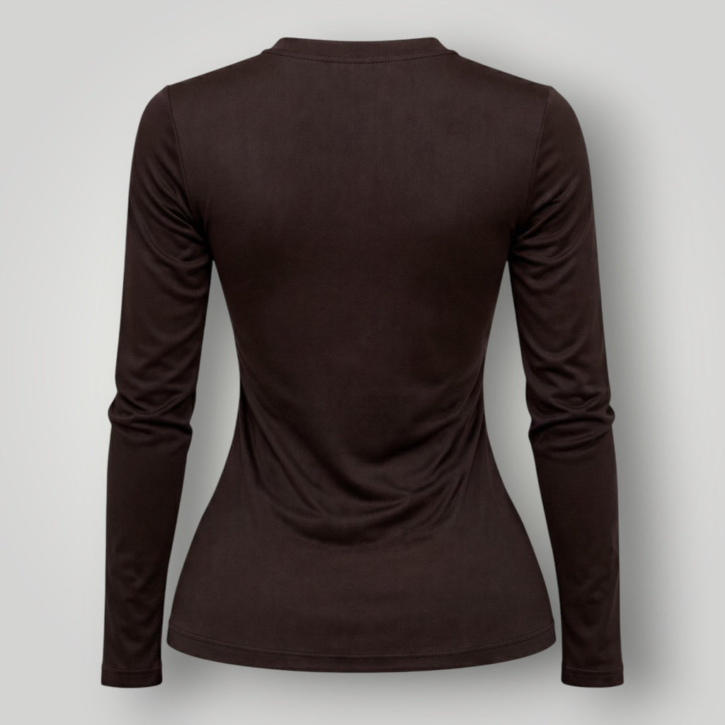 Camiseta manga longa W One Brand Store cor coffee em poliamida com proteção UV, vista traseira