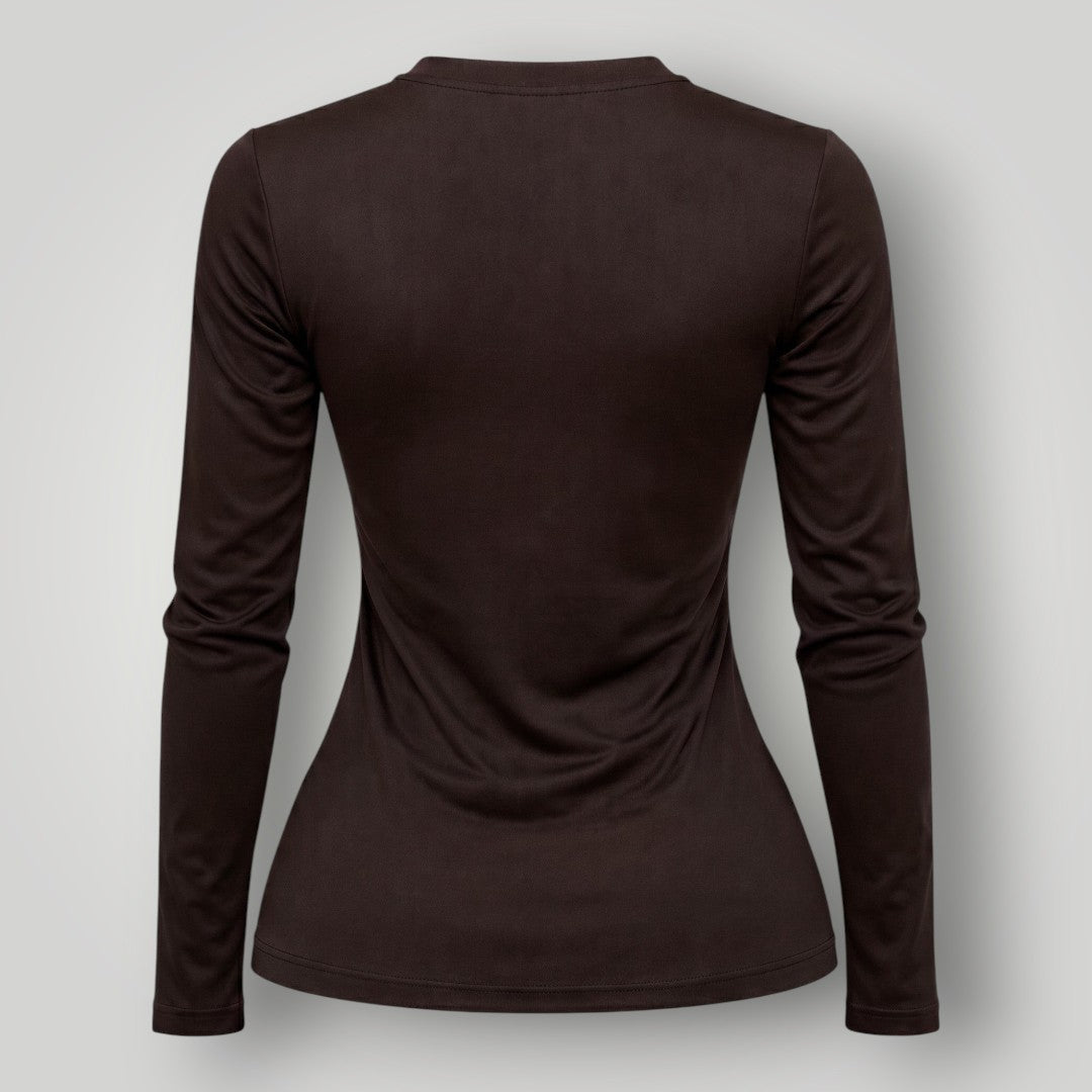 Camiseta manga longa W One Brand Store cor coffee em poliamida com proteção UV, vista traseira