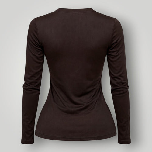 Camiseta manga longa W One Brand Store cor coffee em poliamida com proteção UV, vista traseira