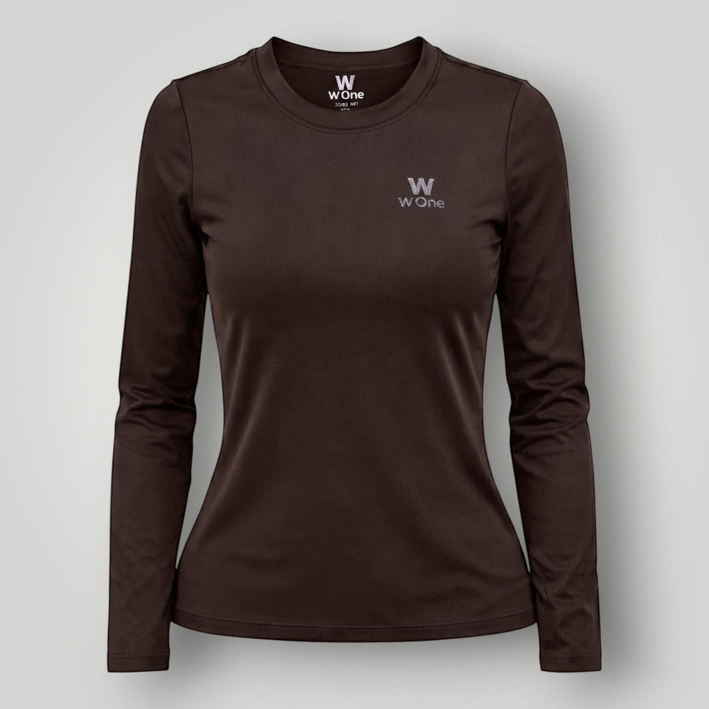 Camiseta feminina de manga longa W One Brand Store na cor marrom café com tecido respirável e proteção solar FPU 50+