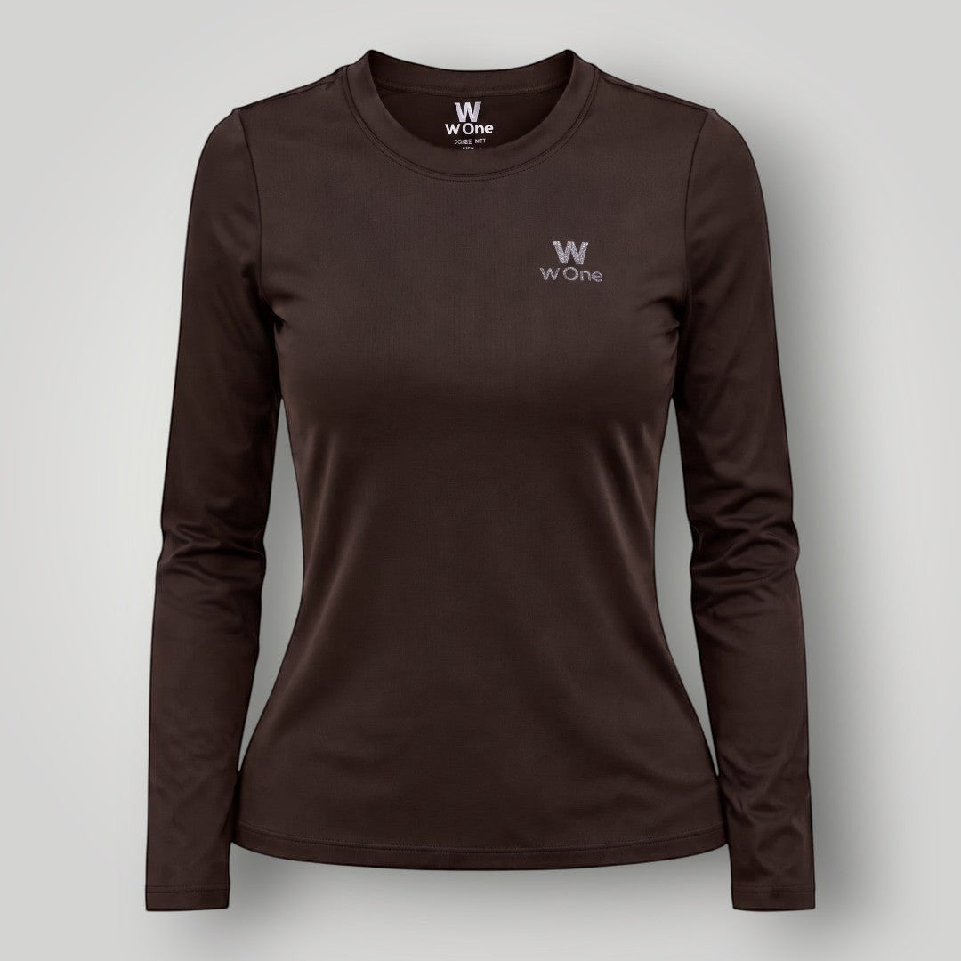 Camiseta feminina de manga longa W One Brand Store na cor marrom café com tecido respirável e proteção solar FPU 50+