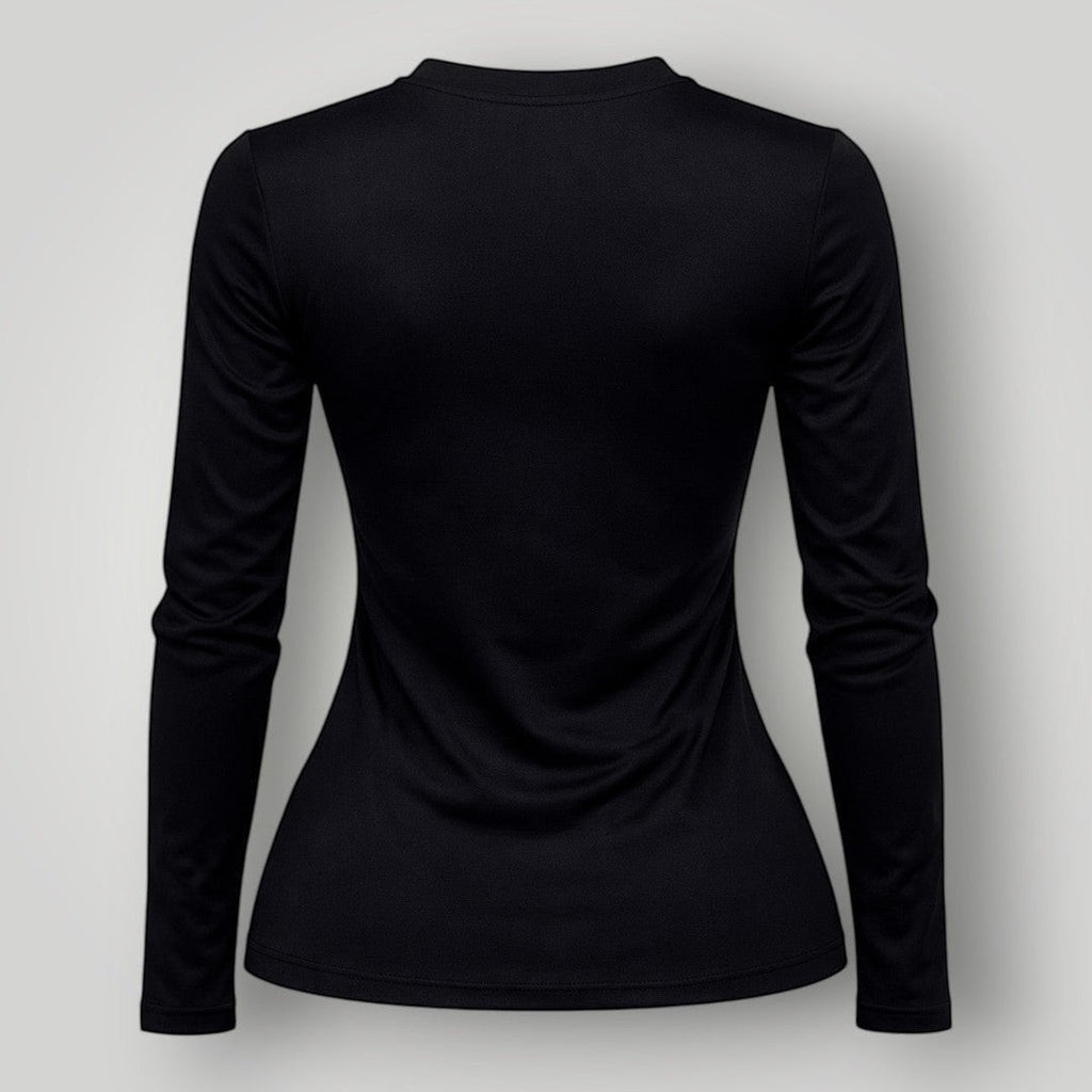 Camiseta W One Brand Store feminina manga longa preta em poliamida com proteção UV, vista traseira