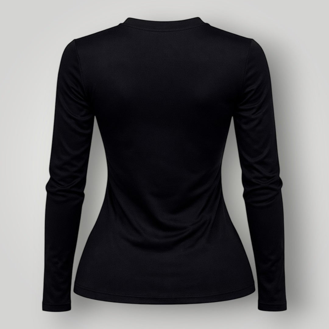 Camiseta W One Brand Store feminina manga longa preta em poliamida com proteção UV, vista traseira
