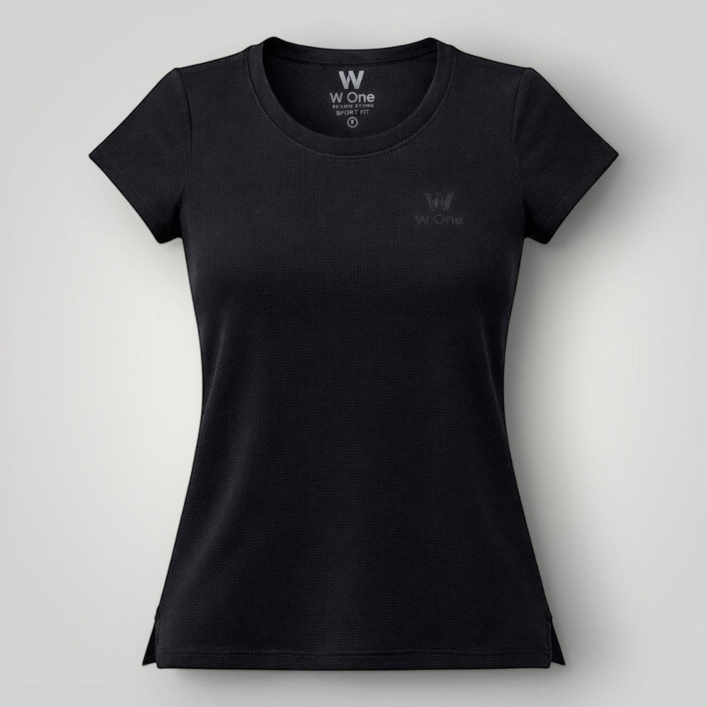 Camiseta feminina W One Brand Store preta de manga curta em tecido leve com proteção solar e ajuste confortável
