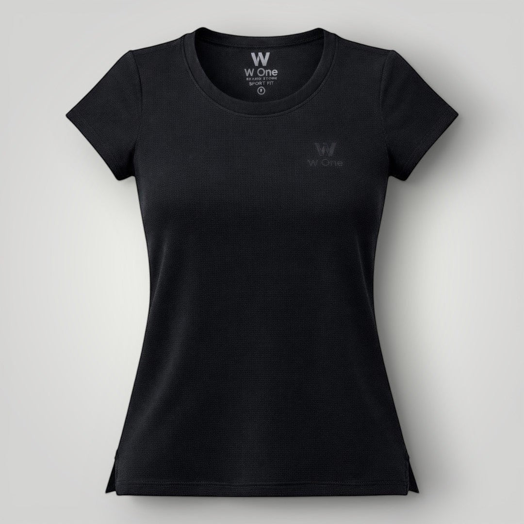 Camiseta feminina W One Brand Store preta de manga curta em tecido leve com proteção solar e ajuste confortável