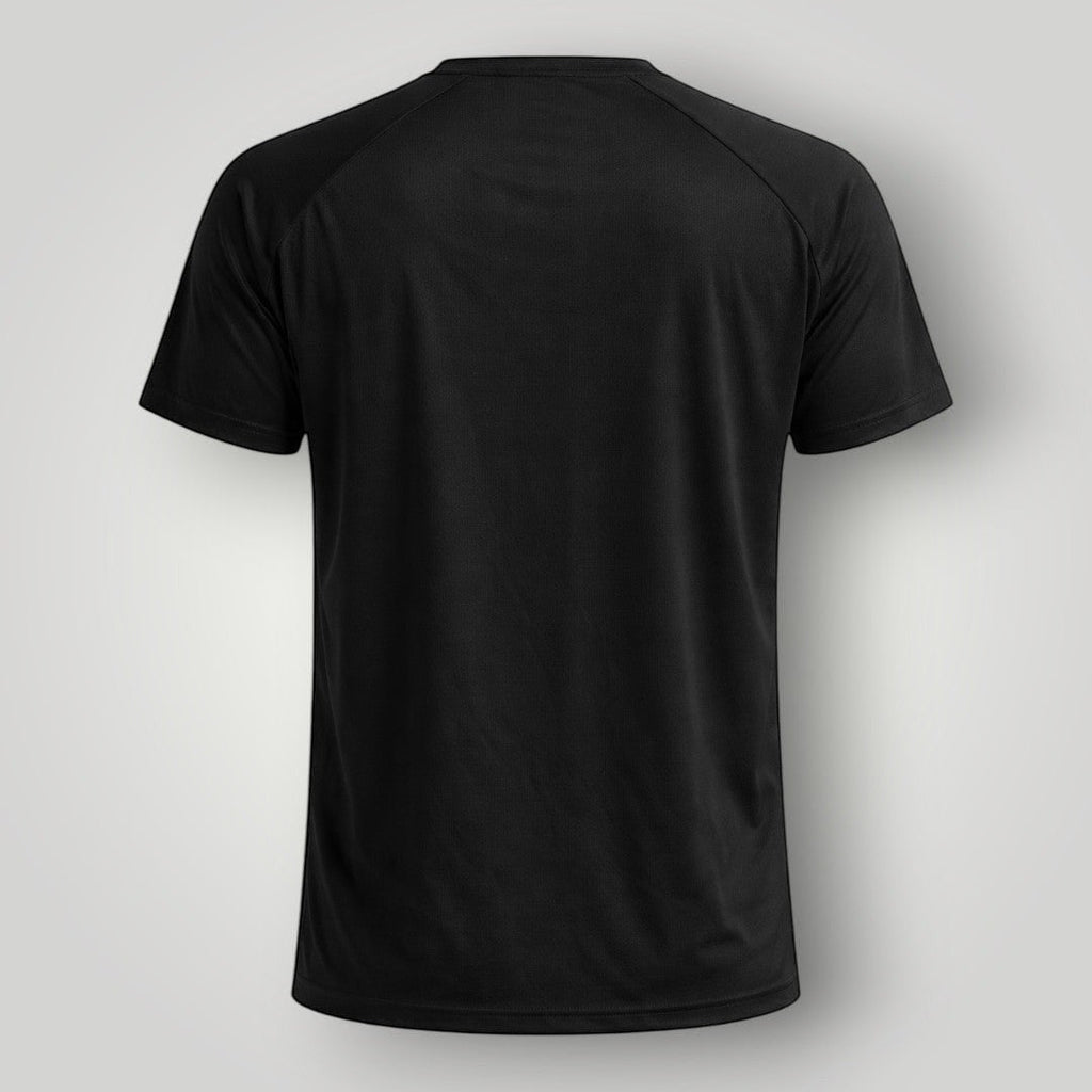 Vista traseira da camiseta unissex W One Brand Store preta com mangas raglan em tecido esportivo respirável