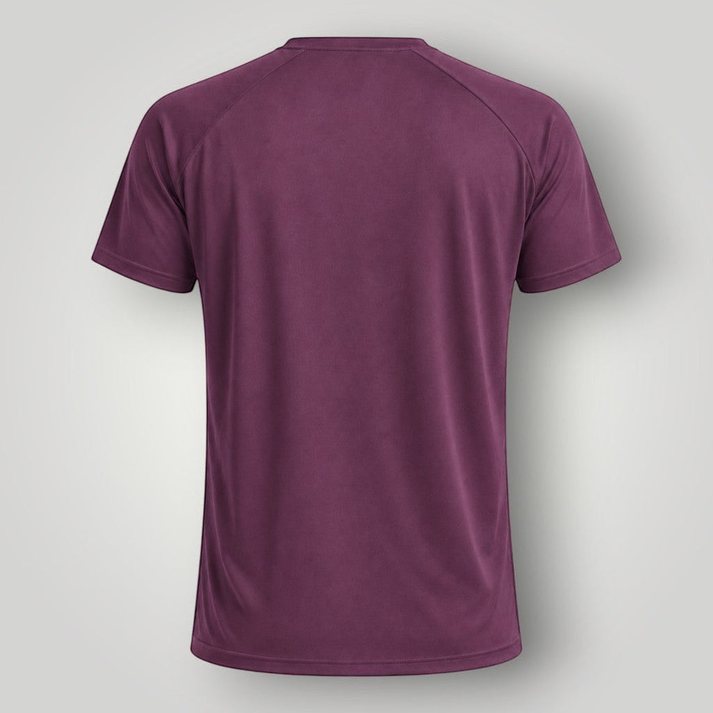 Vista traseira da camiseta unissex W One Brand Store Dynamic Wine com mangas raglan em tecido respirável