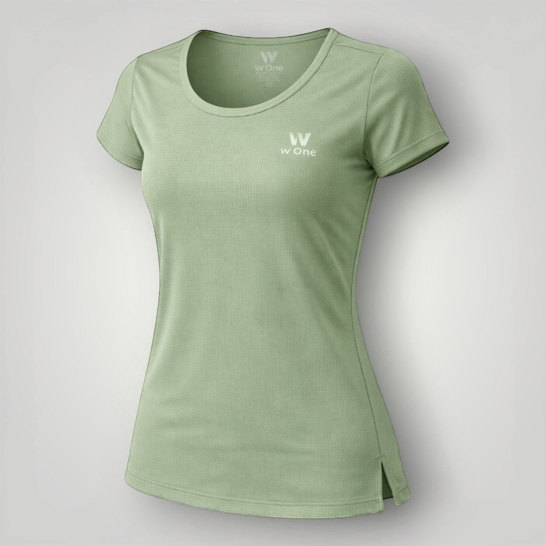 Camiseta feminina W One Brand Store Essence verde malva de manga curta com tecido leve e respirável para treinos.