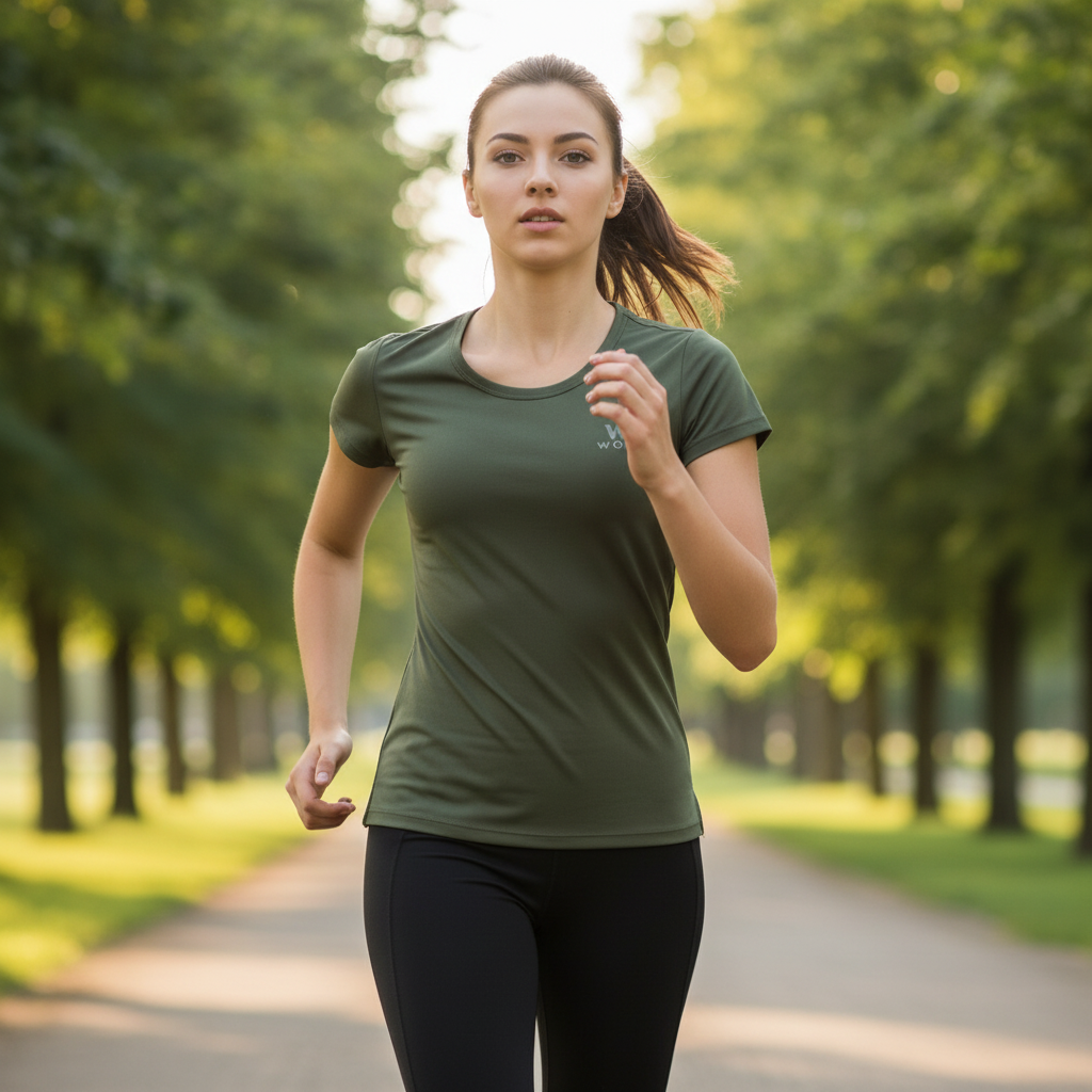 Mulher correndo em parque usando camiseta W One Brand Store verde militar de manga curta com tecido leve e respirável