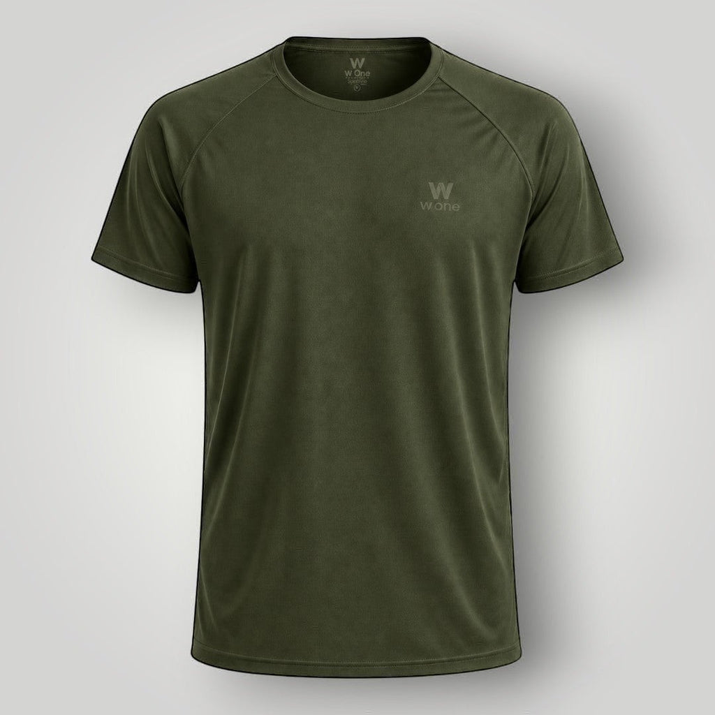 Camiseta W One Brand Store unissex verde militar com mangas raglan, tecido leve respirável e proteção solar FPU 50+