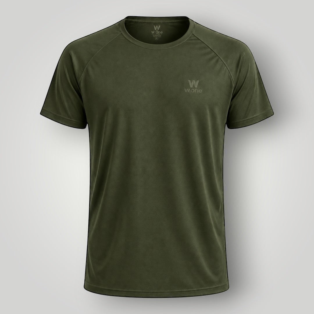 Camiseta W One Brand Store unissex verde militar com mangas raglan, tecido leve respirável e proteção solar FPU 50+