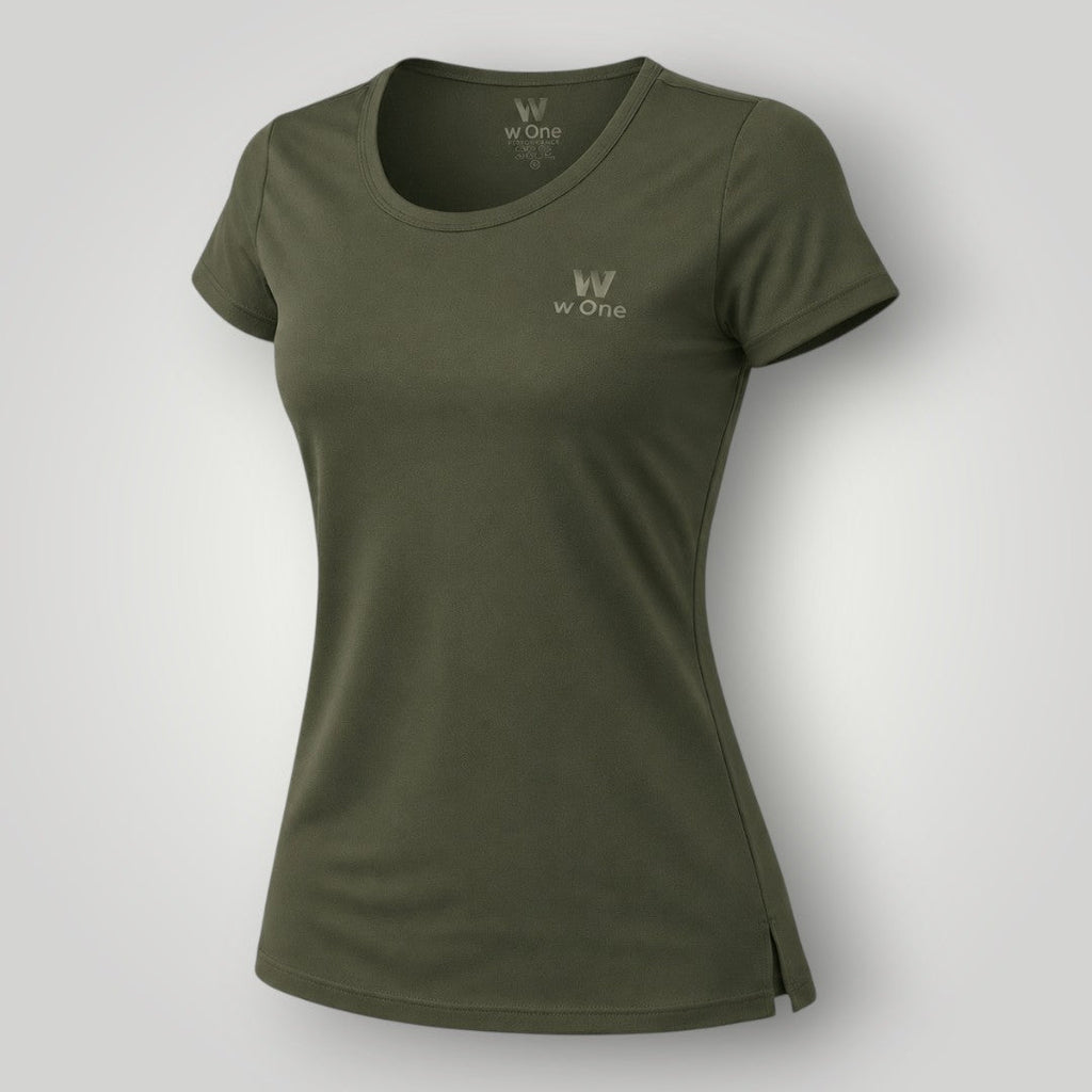 Camiseta feminina W One Brand Store verde militar de manga curta em tecido leve com proteção solar e ajuste confortável