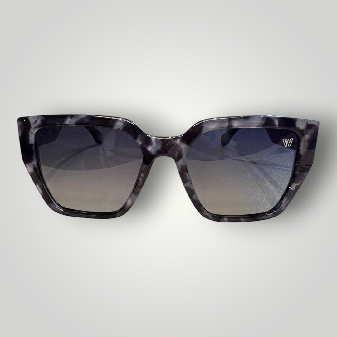W One Brand Store square camouflage acetate sunglasses with blue-to-grey gradient lenses and UV400 protection.