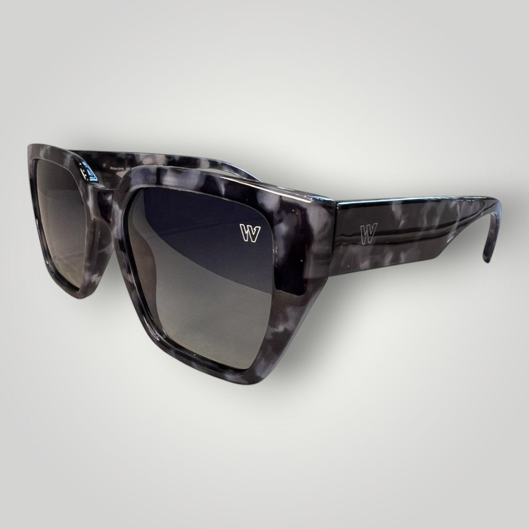W One Brand Store square camouflage acetate sunglasses with blue to grey gradient lenses and UV400 protection.