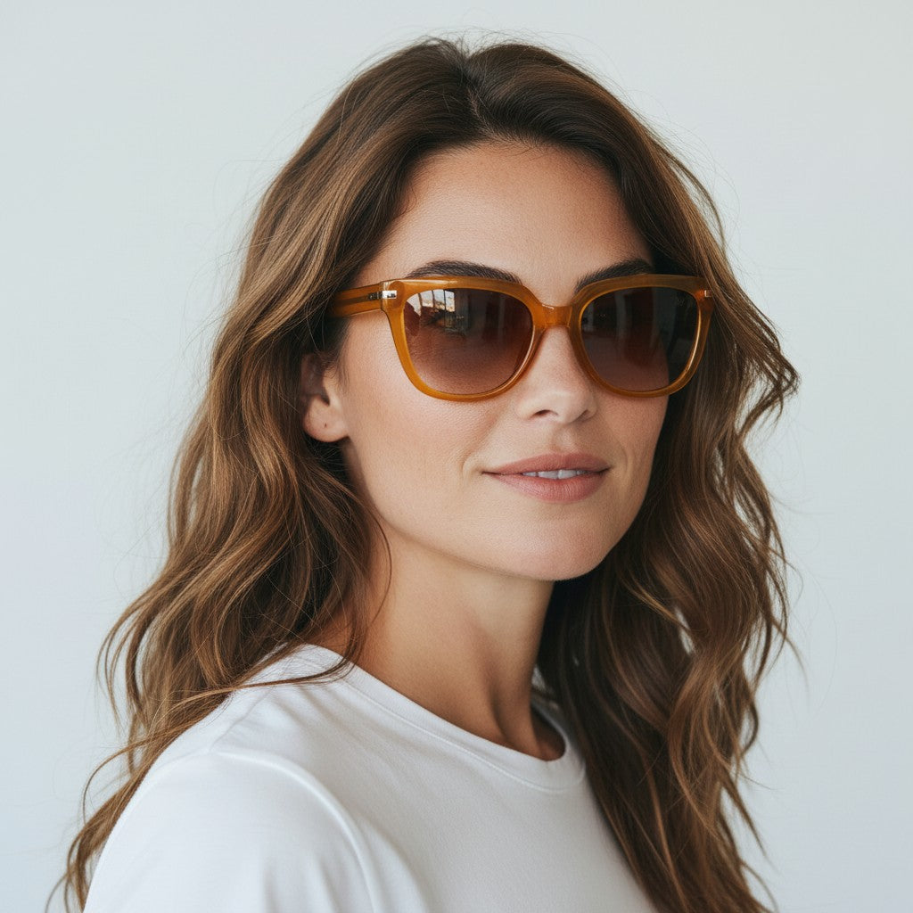 W One Brand Store square caramel acetate sunglasses with metal details and brown gradient lenses.