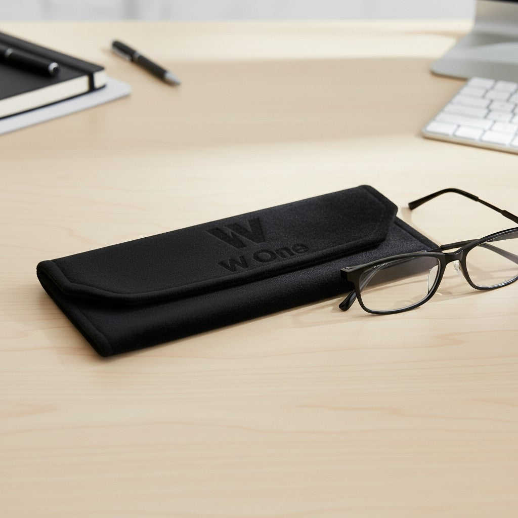 Case para óculos W One em veludo preto, com logo W One gravado. Elegante e sofisticada.