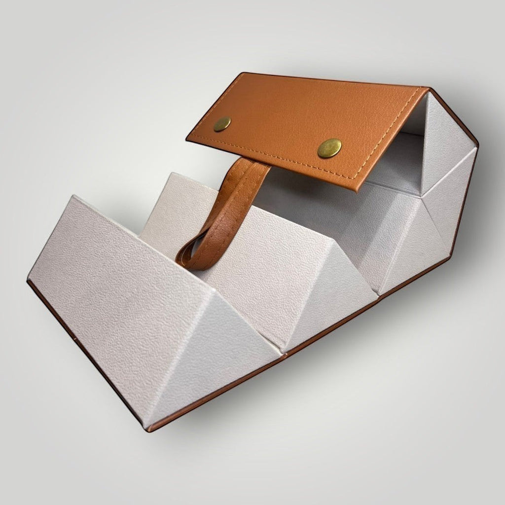 W One Brand Store Case porta-óculos dobrável caramelo com 5 divisórias, em couro sintético, ideal para viagens e organização.