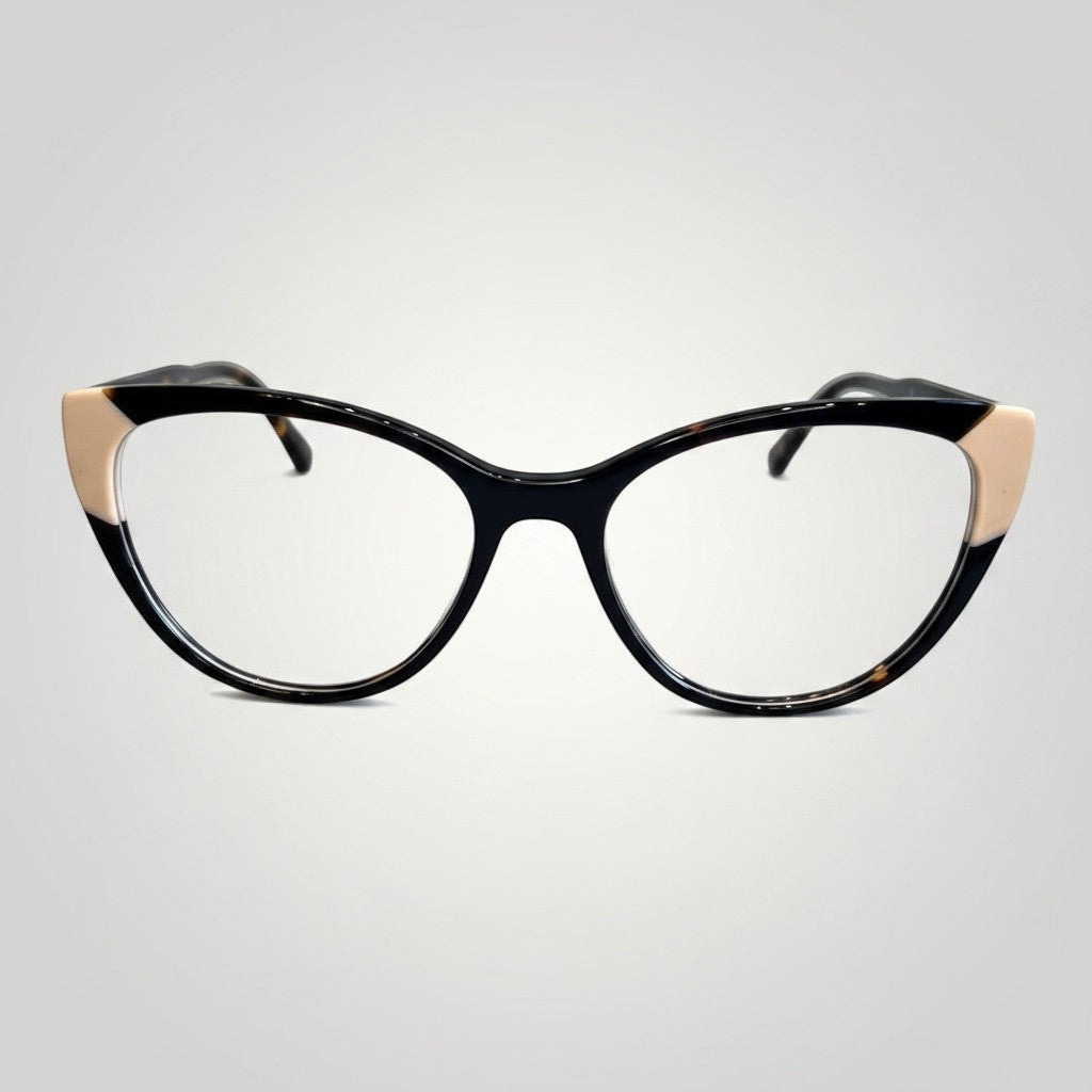 W One Brand Store cat-eye acetate eyeglasses with camouflage pattern, off-white details, and clip-on lenses.