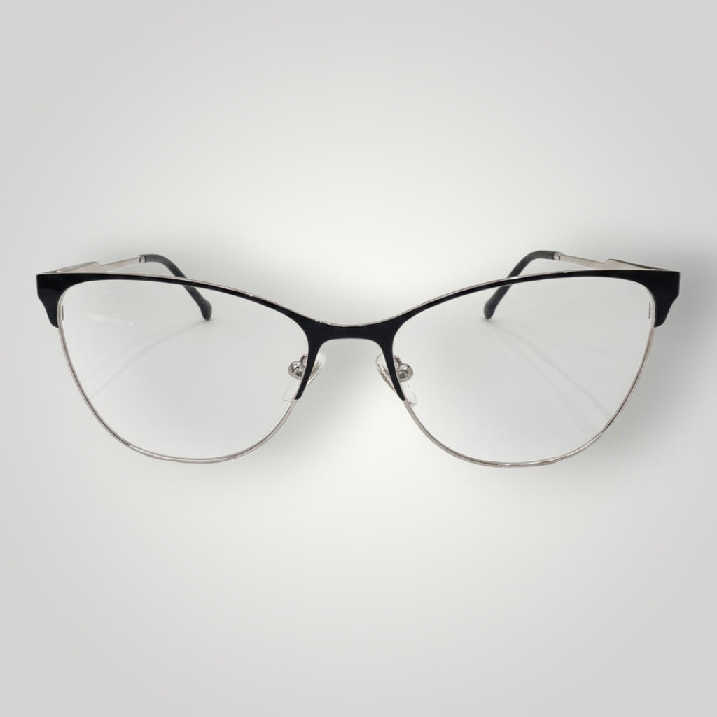 W One Brand Store cat-eye metal glasses with black details and clip-on lenses, offering versatility and style.