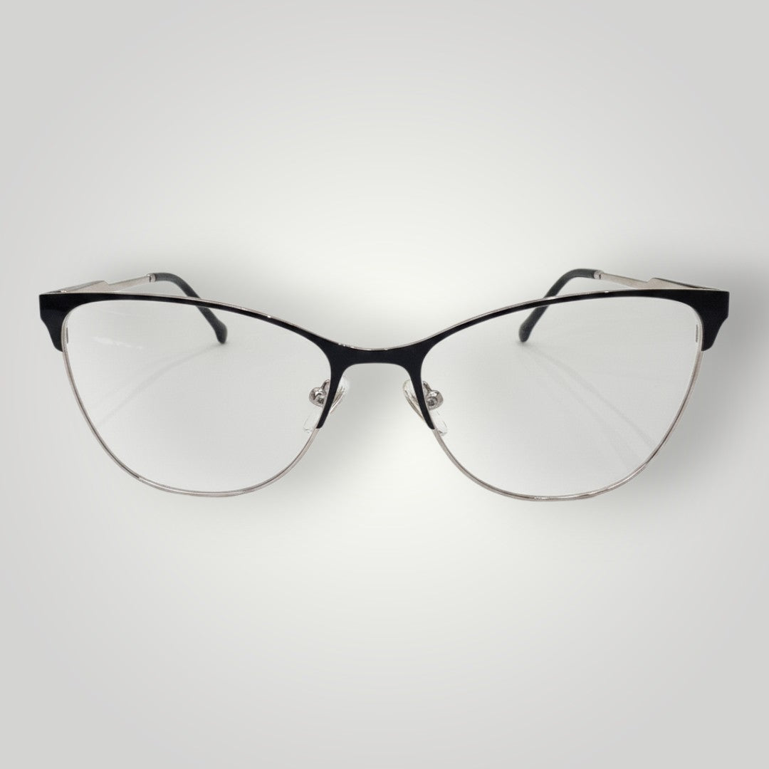 W One Brand Store cat-eye metal glasses with black details and clip-on lenses, offering versatility and style.