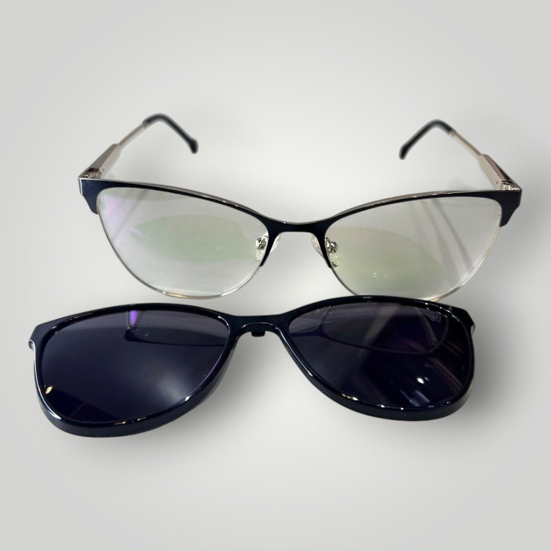 W One Brand Store cat-eye glasses with clip-on sunglasses. Metal frame with black details.