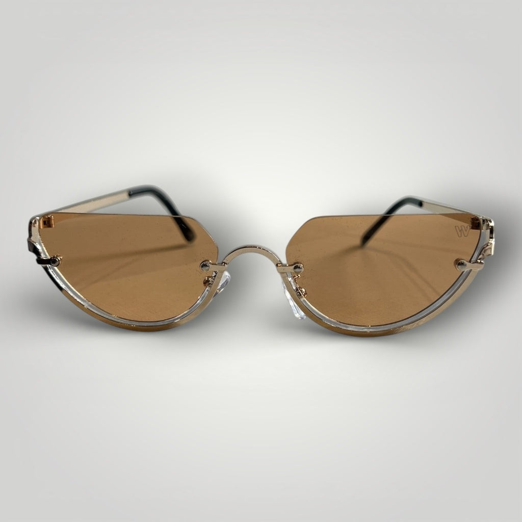 W One Brand Store cat-eye sunglasses with brown lenses and gold metal frame, UV400 protection.