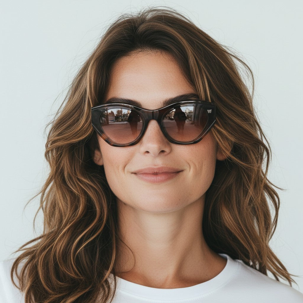 W One Brand Store cat-eye sunglasses in camouflage acetate with brown gradient lenses, worn by a woman.
