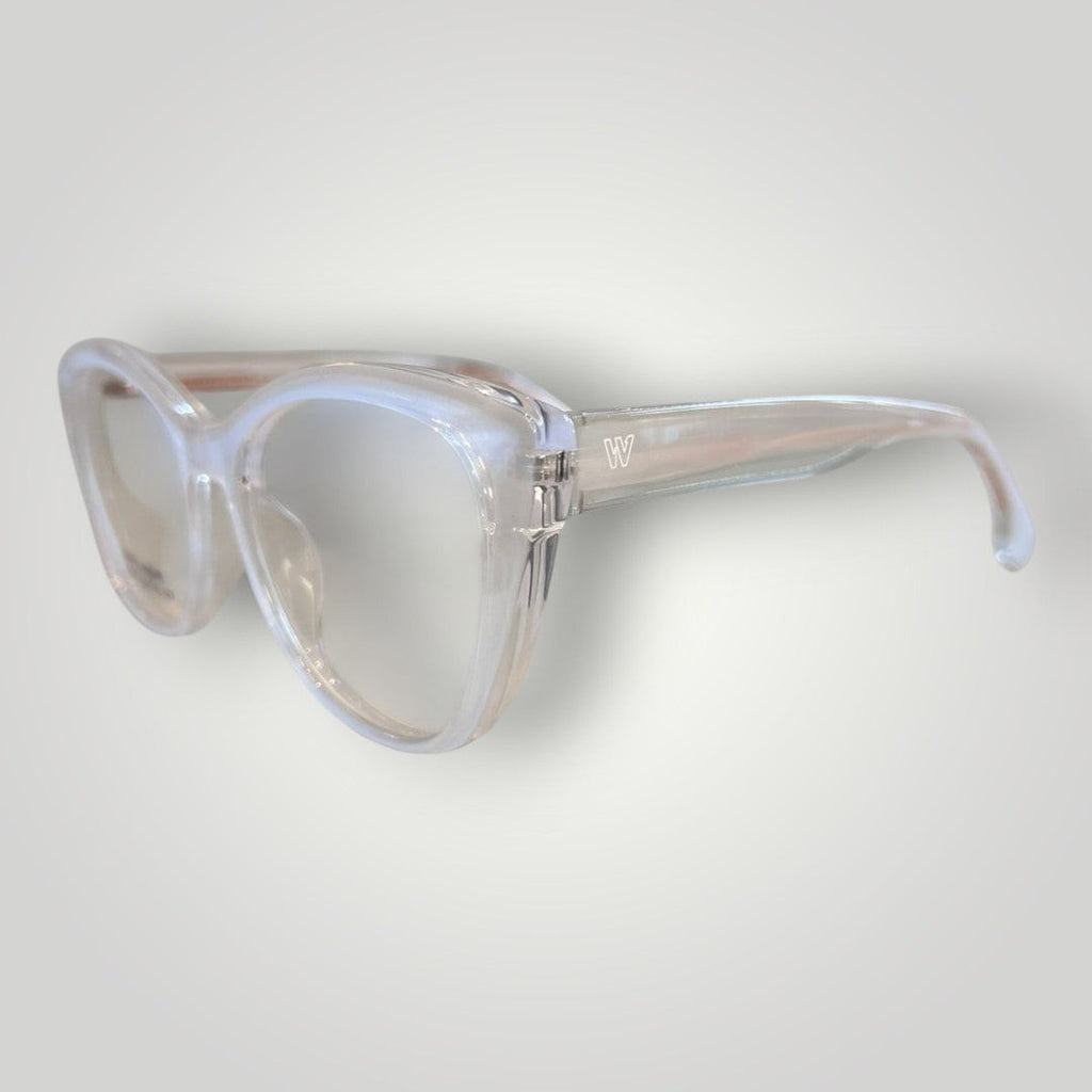 W One Brand Store cat-eye clear polyamide glasses frame with subtle iridescent sheen.