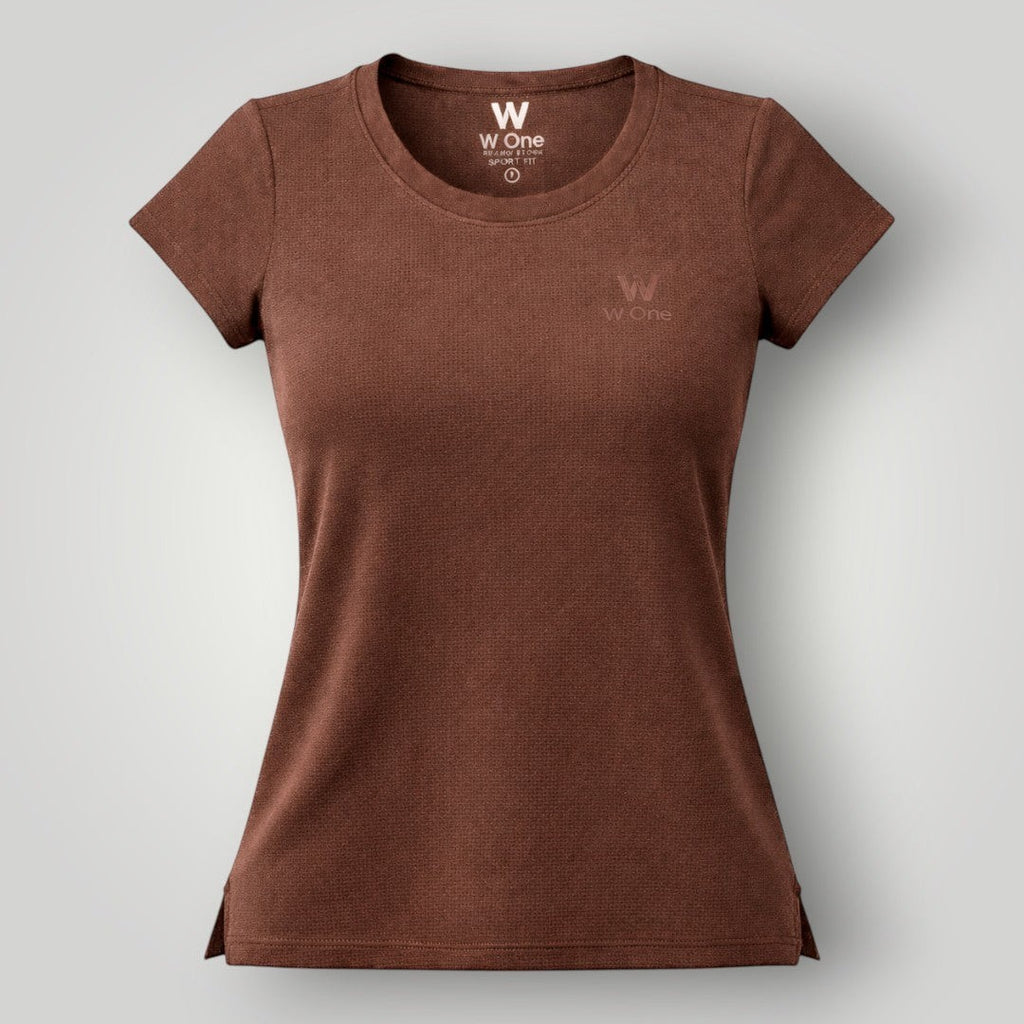 W One Brand Store women's coffee-colored polyamide t-shirt with a light touch and subtle texture, ideal for fitness.
