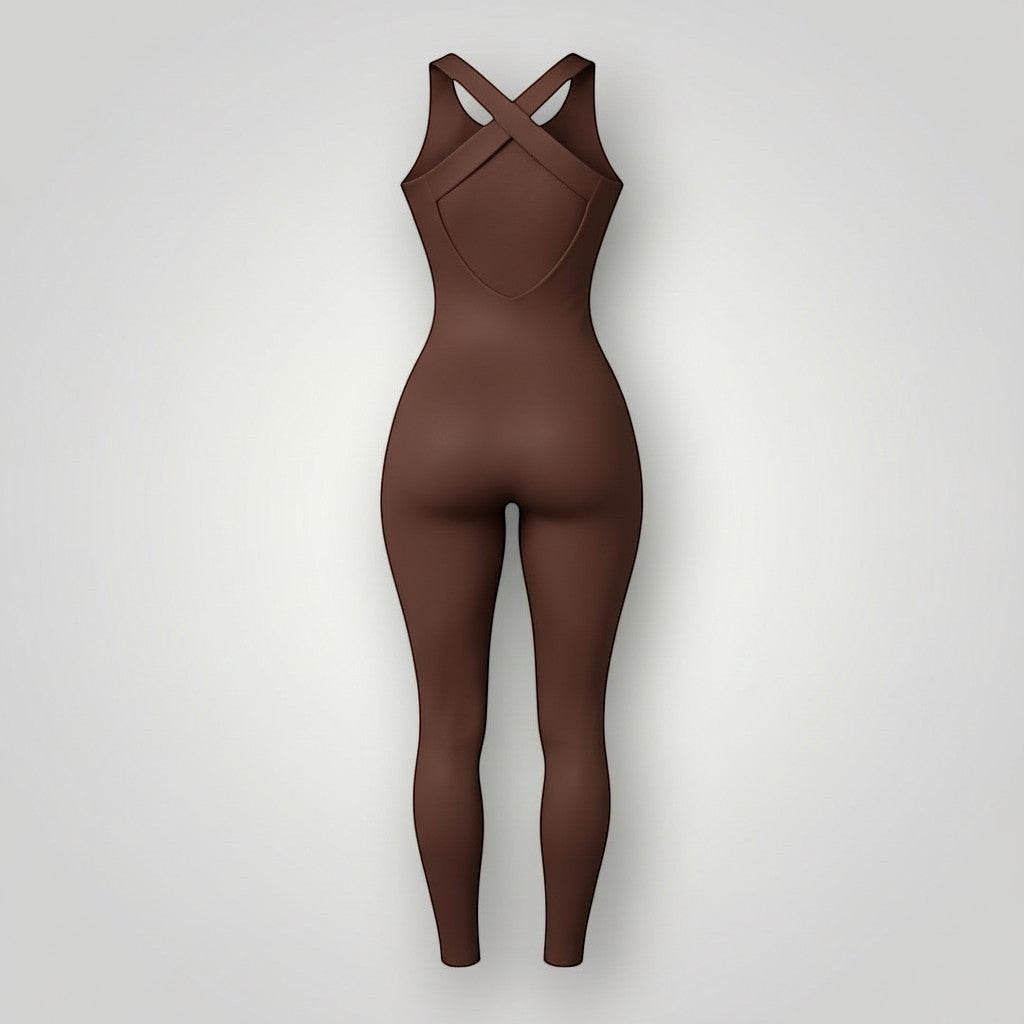 W One Brand Store coffee-colored polyamide jumpsuit with criss-cross back detail, ideal for fitness.