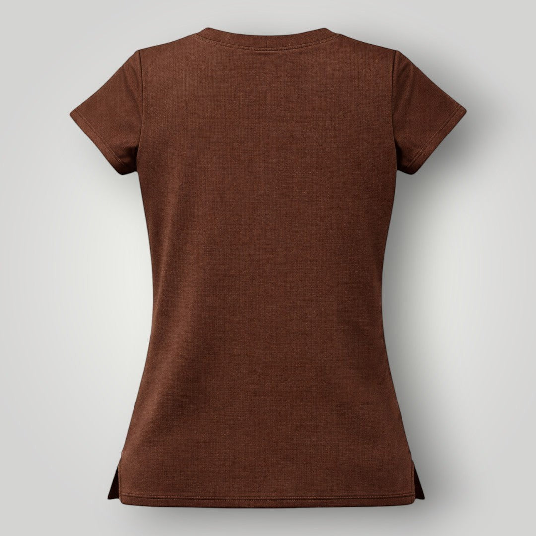 W One Brand Store women's coffee-colored polyamide t-shirt with a light touch, ideal for fitness and everyday wear.