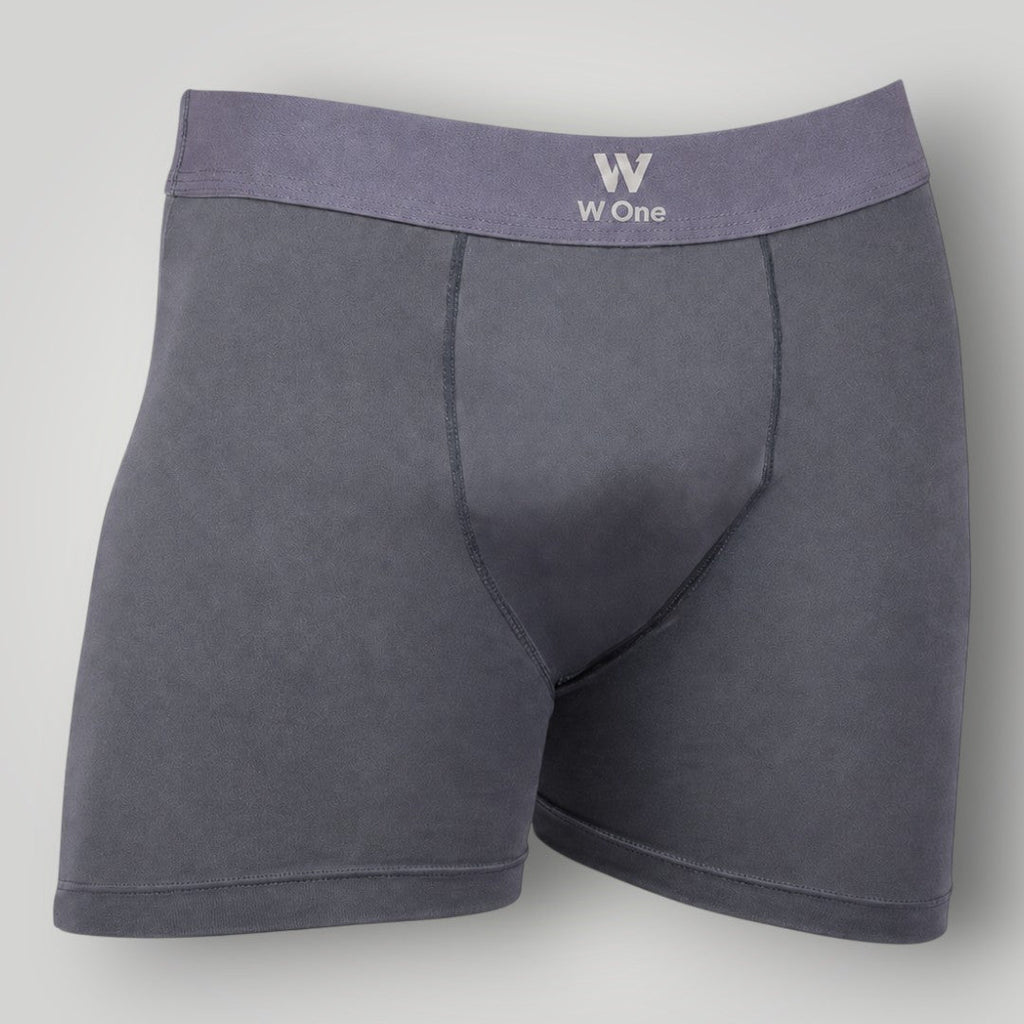 Cueca boxer W One Brand Store na cor chumbo, confeccionada em algodão com elastano e cós elástico com logo.