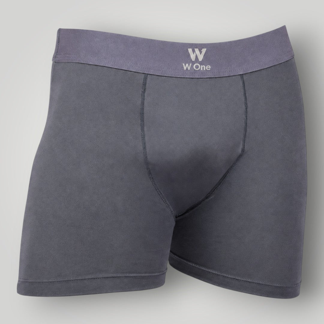 Cueca boxer W One Brand Store na cor chumbo, confeccionada em algodão com elastano e cós elástico com logo.