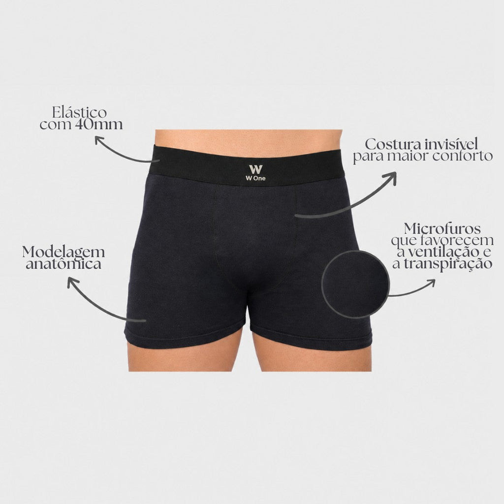 Cueca boxer preta W One Brand Store com elástico de 40mm, costura invisível e tecido com microfuros para ventilação.