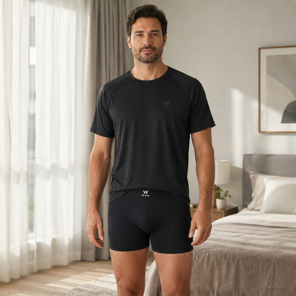 Modelo vestindo cueca boxer preta W One Brand Store com tecnologia Thermo Dry e costura invisível em quarto iluminado