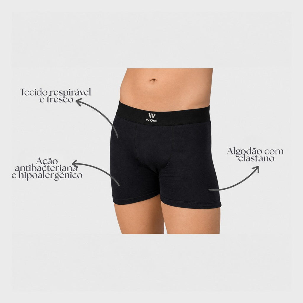 Cueca boxer preta W One Brand Store em algodão com tecnologia Thermo Dry, tecido respirável e costura invisível.