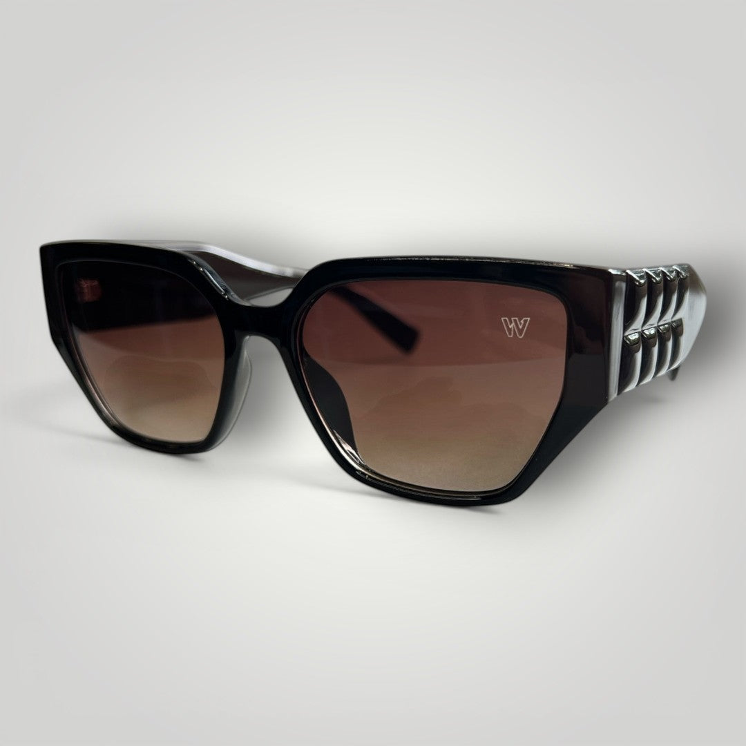 W One Brand Store dark brown acetate square sunglasses with gradient brown lenses and decorative temples.