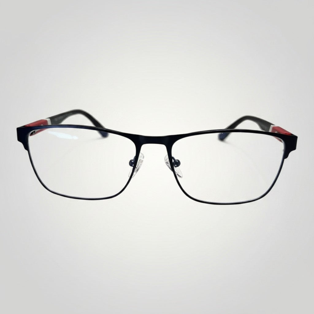 W One Brand Store dark grey rectangular metal glasses with rubberized temples and red accents, includes clip-on.