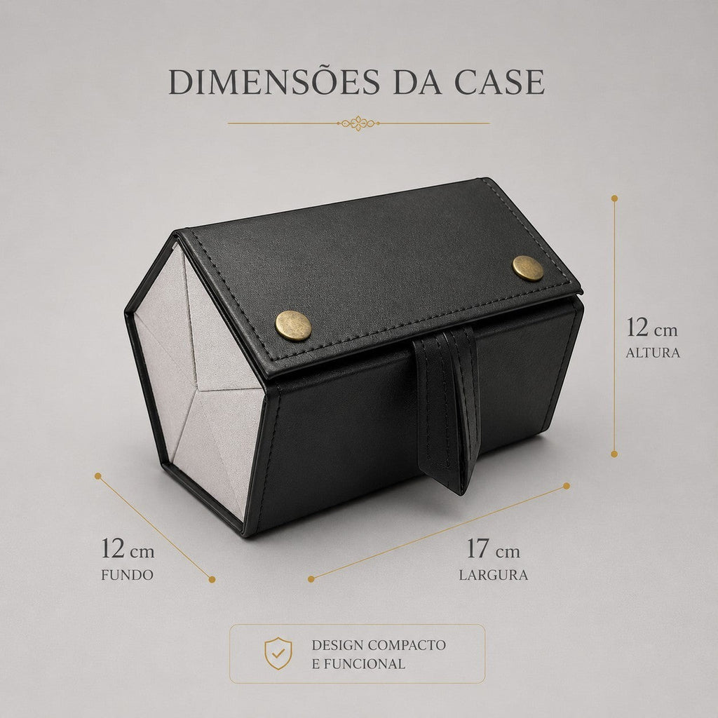 W One Brand Store estojo porta-óculos dobrável preto com 5 divisórias, couro sintético, fecho de botão e design compacto.