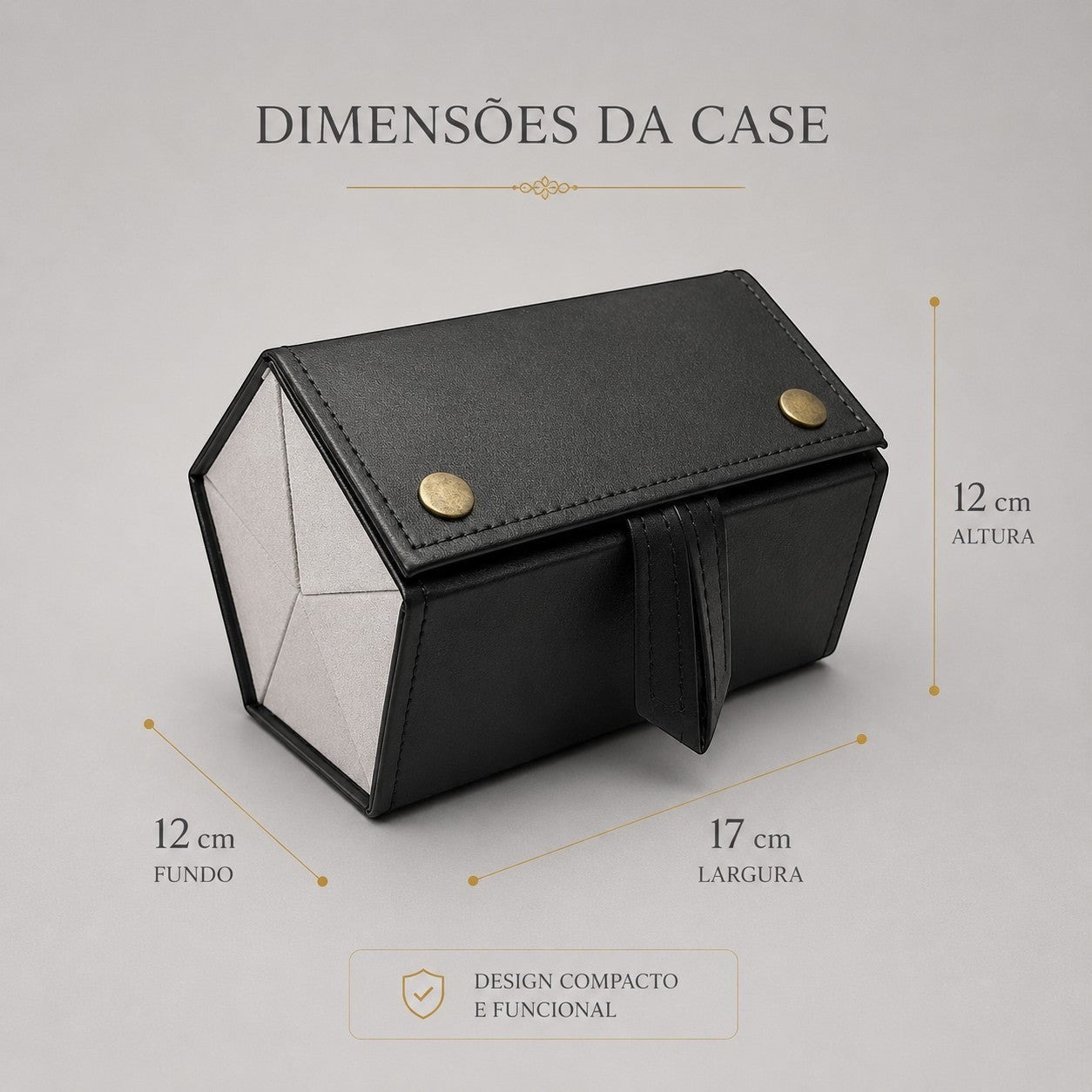 W One Brand Store estojo porta-óculos dobrável preto com 5 divisórias, couro sintético, fecho de botão e design compacto.