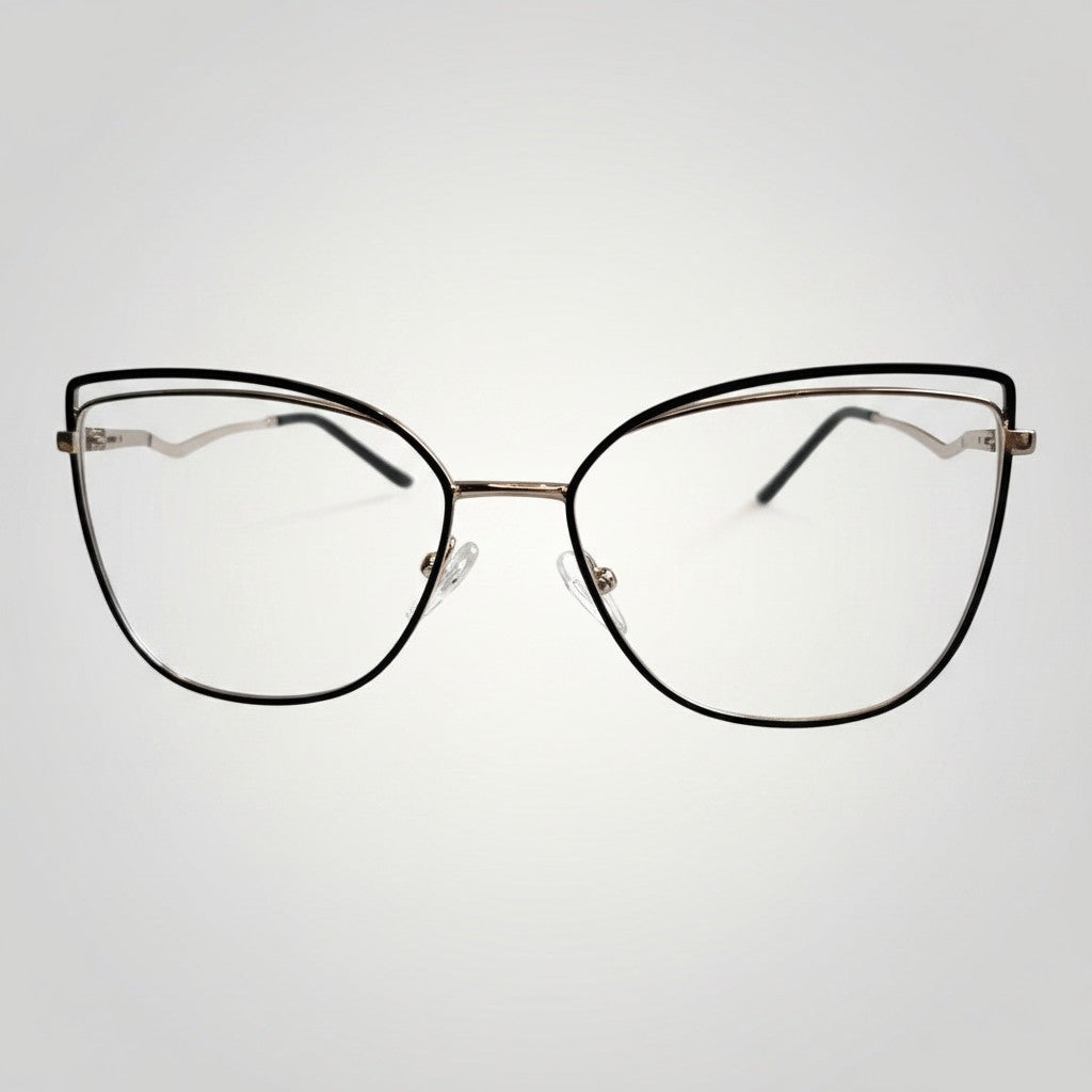 W One Brand Store cat-eye glasses with gold metal frame and black front, elegant and sophisticated design.